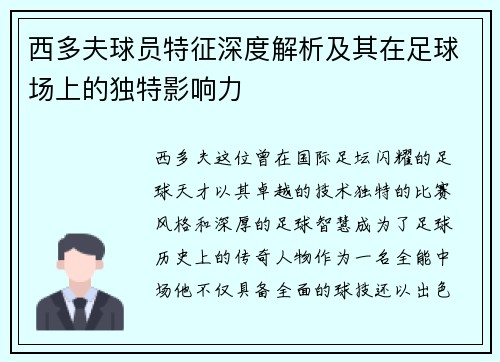 西多夫球员特征深度解析及其在足球场上的独特影响力