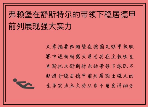 弗赖堡在舒斯特尔的带领下稳居德甲前列展现强大实力
